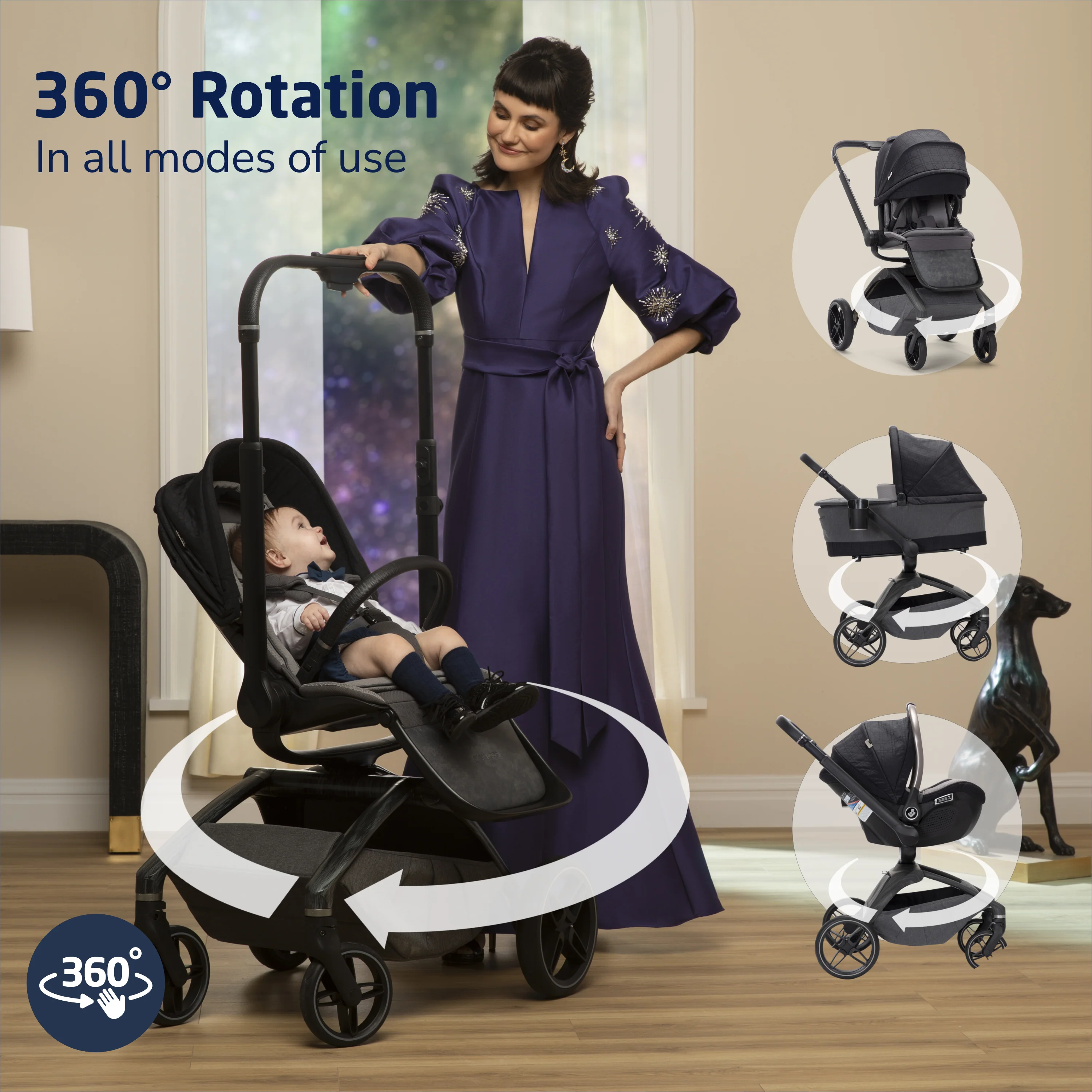 Tana 360° Rotating Modular Stroller with Carriage Accessory in Onyx Heritage - Image 6